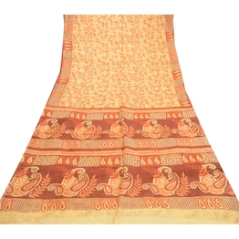 Sanskriti Vintage Sarees Beige 100% Pure Silk Printed Sari Floral Craft Fabric, PR-60830