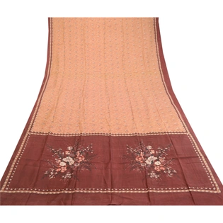 Sanskriti Vintage Sarees Brown 100% Pure Silk Printed Sari 5Yd Soft Craft Fabric, PR-60887