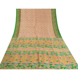 Sanskriti Vintage Sarees Cream Pure Silk Indian Printed Sari Floral Craft Fabric, PR-58886