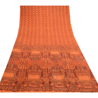 Sanskriti Vintage Saffron Indian Sarees Printed Pure Silk Sari 5Yd Craft Fabric, PR-58921