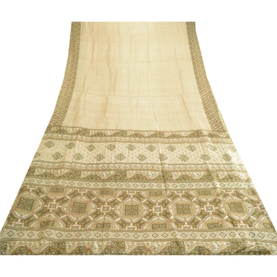 Sanskriti Vintage Sarees Ivory Indian Pure Silk Printed Sari Floral Craft Fabric, PR-63745