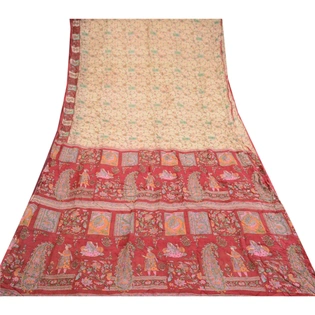 Sanskriti Vintage Ivory Sarees Pure Silk Indian Printed Sari 5Yd Craft Fabric, PR-58125