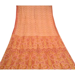 Sanskriti Vintage Mustard Indian Sarees 100% Pure Silk Printed Sari Craft Fabric, PR-58138