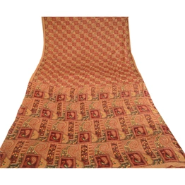 Sanskriti Vintage Red Peacock Printed Sarees Pure Silk Sari Soft Sewing Fabric, PR-58175