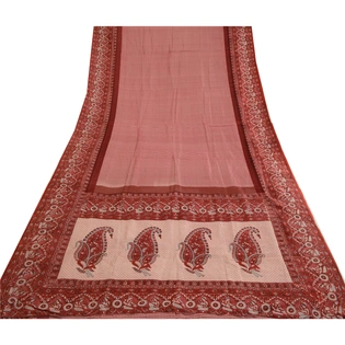 Sanskriti Vintage Sarees Dark Red Human Printed Pure Silk Sari Soft Craft Fabric, PR-63718