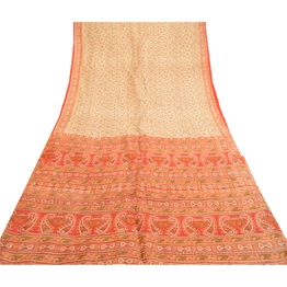 Sanskriti Vintage Sarees Cream Indian Cream Pure Silk Printed Sari Craft Fabric, PR-61323