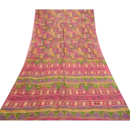 Sanskriti Vintage Sarees Multi Pure Silk Printed Woven Sari Soft Craft Fabric, PR-61337