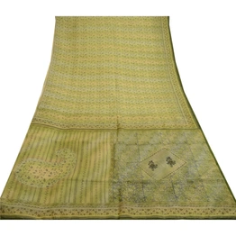 Sanskriti Vintage Olive Green Sarees Indian Pure Silk Printed Sari Craft Fabric, PR-58625