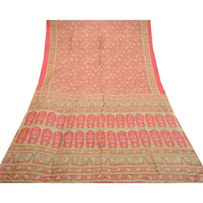 Sanskriti Vintage Pink Printed Sarees 100% Pure Silk Sari Floral Craft Fabric, PR-58666