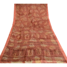 Sanskriti Vintage Dark Red Indian Sarees Pure Silk Printed Sari 5Yd Craft Fabric, PR-59137