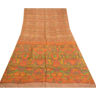 Sanskriti Vintage Sarees Orange Indian Pure Silk Printed Sari 5Yd Craft Fabric, PR-62101