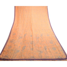 Sanskriti Vintage Peach Sarees 100% Pure Silk Printed Woven Sari Craft Fabric, PR-59129