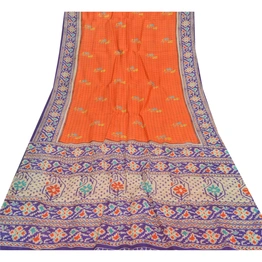 Sanskriti Vintage Orange Sarees 100% Pure Silk Printed Craft Decor Fabric Sari, PR-52180