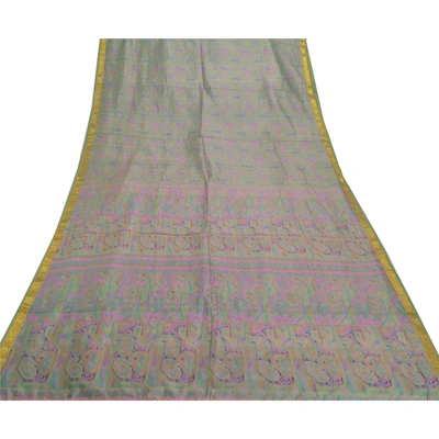 Sanskriti Vintage Green Sarees Pure Silk Printed Zari Border Sari Craft Fabric, PR-53323