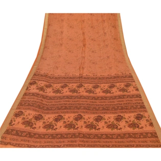 Sanskriti Vintage Peach Sarees Pure Silk Printed Craft Fabric Zari Border Sari, PR-52406