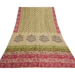 Sanskriti Vintage Cream Sarees Pure Silk Printed Sari Decor 5 Yd Craft Fabric, PR-53297