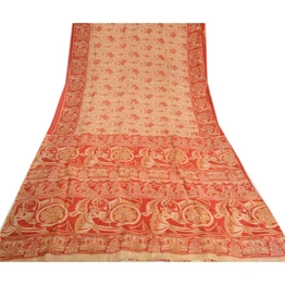 Sanskriti Vintage Sarees Cream Human Printed Pure Silk Sari Soft Craft Fabric, PR-63896