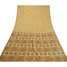 Sanskriti Vintage Sarees Shades Of Cream Printed Pure Silk Sari 5Yd Craft Fabric, PR-63915