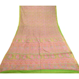 Sanskriti Vintage Sarees Pink Pure Silk Printed Zari Border Sari Craft Fabric, PR-62302