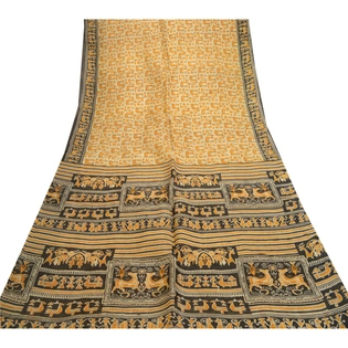 Sanskriti Vintage Sarees Warli Art Saffron Pure Silk Printed Sari Craft Fabric, PR-61405