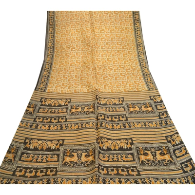 Sanskriti Vintage Sarees Warli Art Saffron Pure Silk Printed Sari Craft Fabric, PR-61405