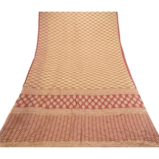 Sanskriti Vintage Sarees Block Printed Cream Pure Silk Sari Soft Craft Fabric, PR-61711