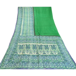 Sanskriti Vintage Sarees From India Green Pure Silk Printed Sari Craft Fabric, PR-61661