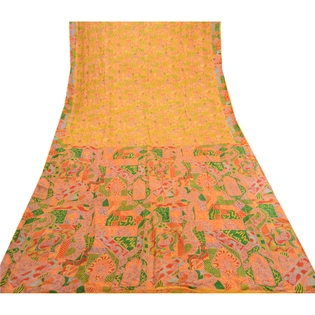 Sanskriti Vintage Sarees Yellow Indian 100% Pure Silk Printed Sari Craft Fabric, PR-61252