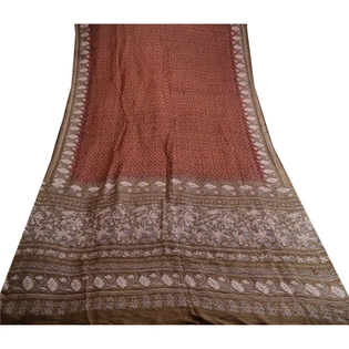 Sanskriti Vintage Dark Red Indian Sarees Pure Silk Printed Sari 5Yd Craft Fabric, PR-59132