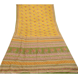 Sanskriti Vintage Sarees Yellow From India Pure Silk Printed Sari Craft Fabric, PR-61377