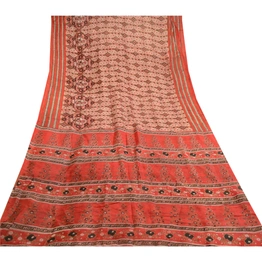 Sanskriti Vintage Red Indian Sarees Pure Silk Printed Sari Soft 5Yd Craft Fabric, PR-59074