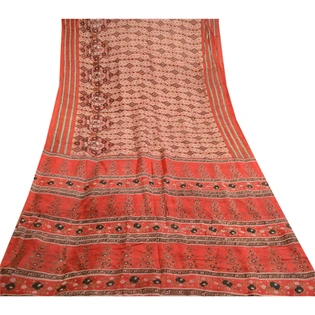 Sanskriti Vintage Red Indian Sarees Pure Silk Printed Sari Soft 5Yd Craft Fabric, PR-59074