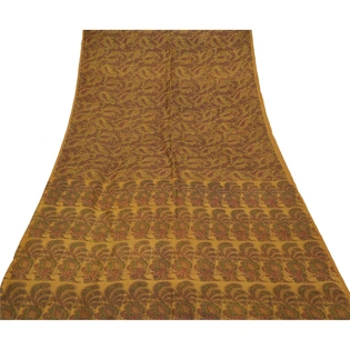 Sanskriti Vintage Golden Mustard Indian Sarees Pure Silk Printed Sari Craft Fabric, PR-56019