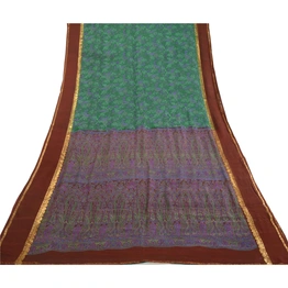 Sanskriti Vintage Sarees Green Pure Silk Printed Woven Sari Floral Craft Fabric, PR-63954