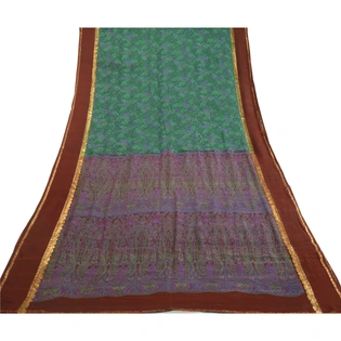 Sanskriti Vintage Sarees Green Pure Silk Printed Woven Sari Floral Craft Fabric, PR-63954