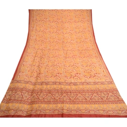 Sanskriti Vintage Orange Indian Sarees Pure Silk Printed Sari Soft Craft Fabric, PR-59071