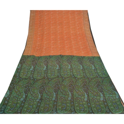 Sanskriti Vintage Orange Sarees 100% Pure Silk Printed Sari Craft Soft Fabric, PR-55616