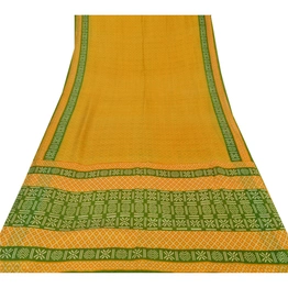 Sanskriti Vintage Yellow Sarees 100% Pure Silk Printed Fabric Craft 5 Yard Sari, PR-52430