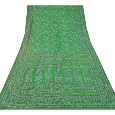 Sanskriti Vintage Green Sarees 100% Pure Silk Floral Printed Sari Craft Fabric, PR-54660