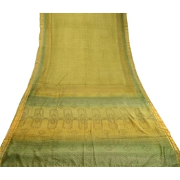 Sanskriti Vintage Sarees Green Printed Pure Silk Sari Zari Border Craft Fabric, PR-62405