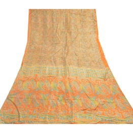 Sanskriti Vintage Sarees Orange 100% Pure Silk Printed Sari Floral Craft Fabric, PR-55207