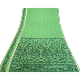 Sanskriti Vintage Sarees Green Zari Border Pure Silk Printed Sari Craft Fabric, PR-64010