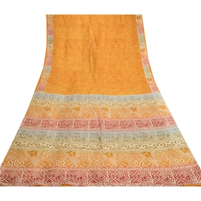 Sanskriti Vintage Sarees Indian Saffron Pure Silk Printed Sari 5Yd Craft Fabric, PR-62274