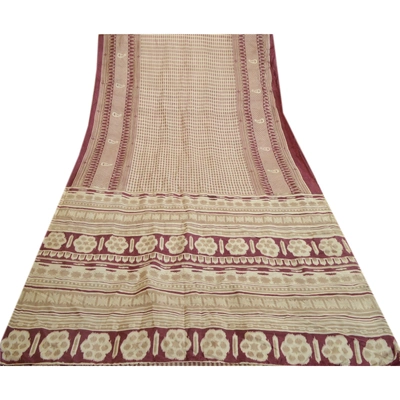 Sanskriti Vintage Sarees Indian Ivory Printed Pure Silk Sari Soft Craft Fabric, PR-64016