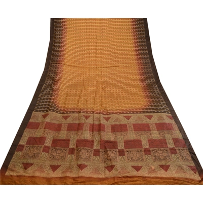 Sanskriti Vintage Brown Indian Sarees 100% Pure Silk Printed Sari Craft Fabric, PR-62195