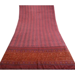 Sanskriti Vintage Sarees From India Red Pure Silk Printed Sari Soft Craft Fabric, PR-62261