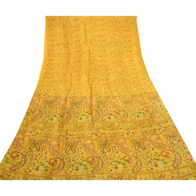 Sanskriti Vintage Sarees From India Yellow Pure Silk Printed Sari Craft Fabric, PR-62075