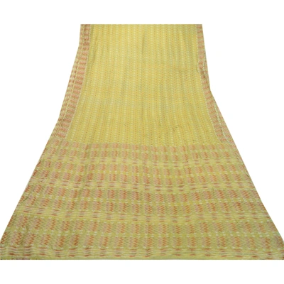 Sanskriti Vintage Sarees Indian Green Pure Silk Ikat Printed Sari Craft Fabric, PR-64163