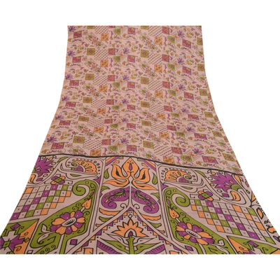 Sanskriti Vintage Sarees Indian Mauve Artificial Silk Printed Sari Craft Fabric, PR-64177