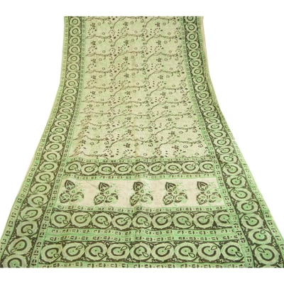 Sanskriti Vintage Green Indian Sarees Pure Silk Printed Sari Soft Craft Fabric, PR-59553